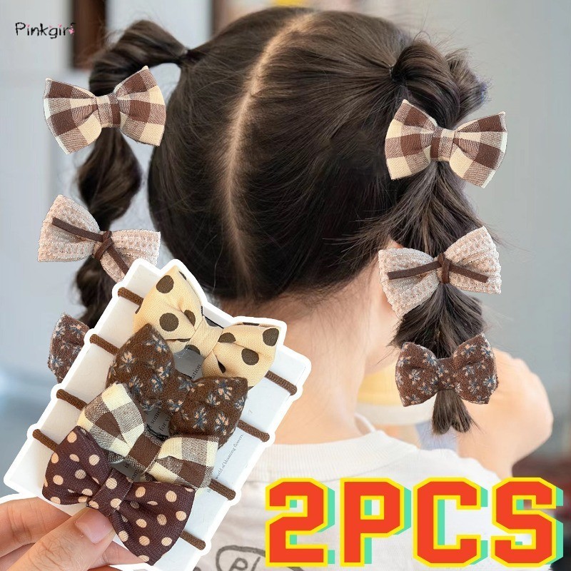 2Pcs Fabirc Bow Flower Design Hair Ties Baby Girls Elastic Ponytail Holder Rubber Hair Band