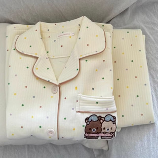  Bộ đồ ngủ chần bông không khí Instagram mẫu mới FDS Bộ đồ mặc nhà gấu chấm bi hoạt hình ngọt ngào dày dặn mẫu thu đông cho nữ 