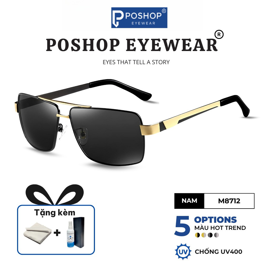 Kính mát râm đen thời trang nam gọng vuông chống UV chống chói đi xe bảo vệ mắt cao cấp Poshop 8712