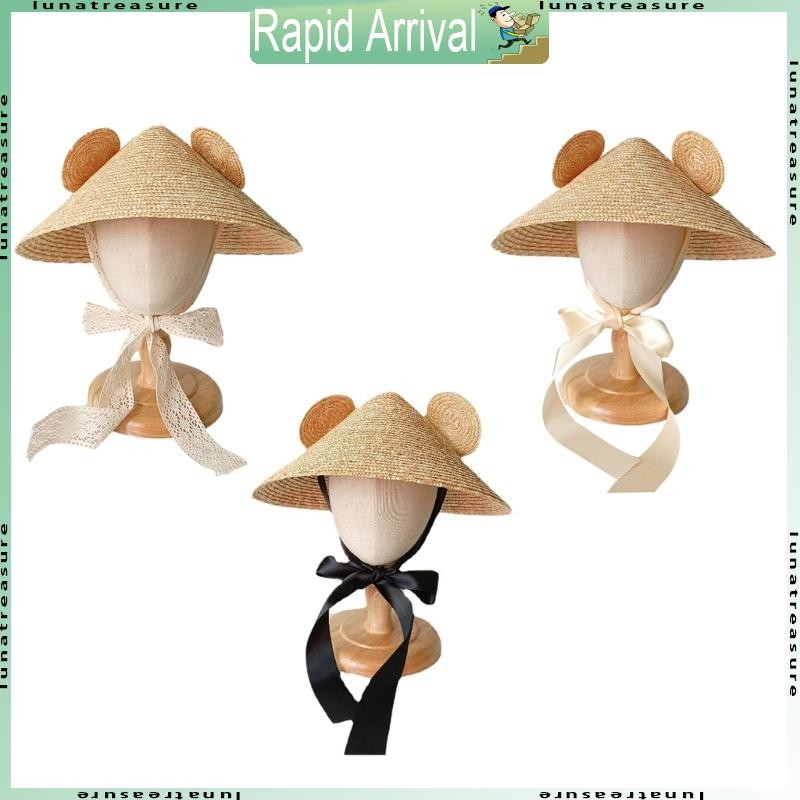 Lun Mũ cỏ dệt tay có thiết kế tai Kid Shield Your Child 's Face from the Sun Style Children Girl Boy