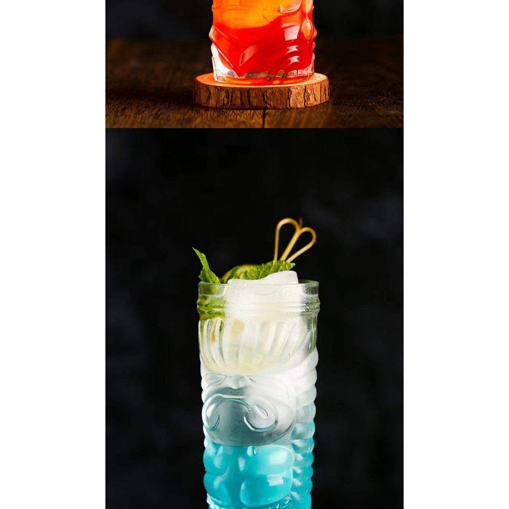 Ly cocktail Tiki thủy tinh thời thượng, ly thủy tinh mặt ma Tiki, ly rượu mặt người, ly cocktail zom