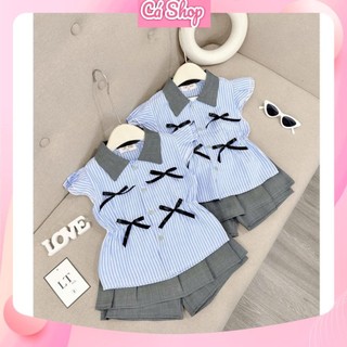 L02, Sét áo sơ mi kẻ xanh nơ đen chân váy xám cho bé gái