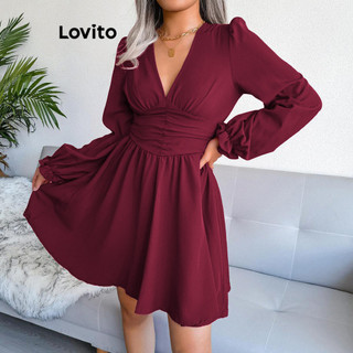 Đầm Lovito viền nhún bèo màu trơn phong cách thanh lịch dành cho nữ LNL59390