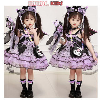 2-12Y Kuromi Chuông Gothic Áo Trọn Bộ Bé Gái Halloween Ren Hoạt Hình Bánh Đầm Màu Tím Sinh Nhật puff Dress