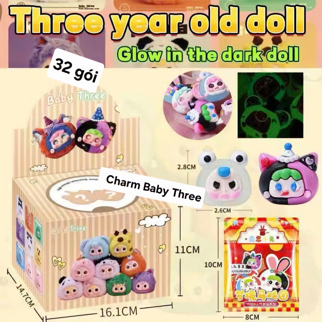 Hộp 32 gói túi mù Charm Baby Three Túi mù dạ quang Babythree Hot dochoiakay