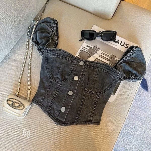 HH Áo jean croptop tay ngắn phồng , nhúm lưng trước đính nút cực hot chất jean dày xịn kèm hình thật