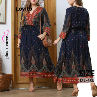 Đầm Lovito họa tiết dân tộc phong cách Boho Plus size cho nữ LNL71204