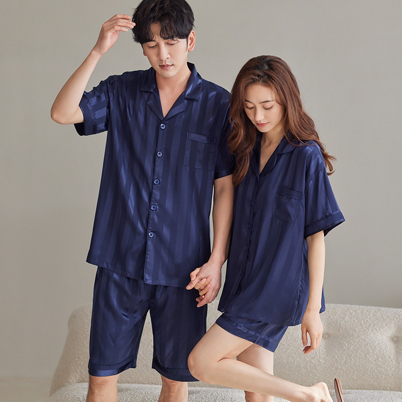 Bộ Lụa Mặc Nhà Nam Nữ Sọc xanh đen