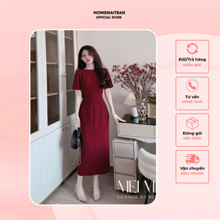  Đầm đỏ dáng dài có chiết eo nhẹ cách điệu hở lưng phối nơ thiết kế thanh lịch Hong Mai Tran V17064 