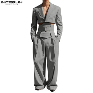Incerun Nam Vintage Áo Blazer Ngắn Quần Ống Rộng Thông Thường Hai Bộ