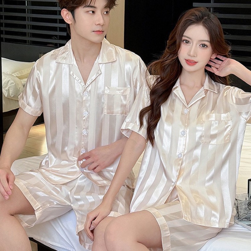 Bộ Lụa Mặc Nhà Nam Nữ Sọc Be Quần Đùi Áo Cộc