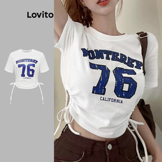 Áo thun Lovito họa tiết chữ có dây rút màu trơn phong cách thường ngày dành cho nữ L85AD071