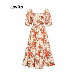 Lovito Váy thanh lịch Váy Maxi chữ A xếp nếp hoa ngọt ngào dành cho nữ L45LD047 (Vàng nhạt)