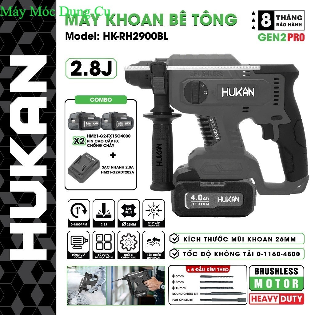 Máy khoan bê tông pin HUKAN (GEN2 PRO) HK-RH2900BL , 3 Chức năng, - Chuyên công trình máy móc dụng c