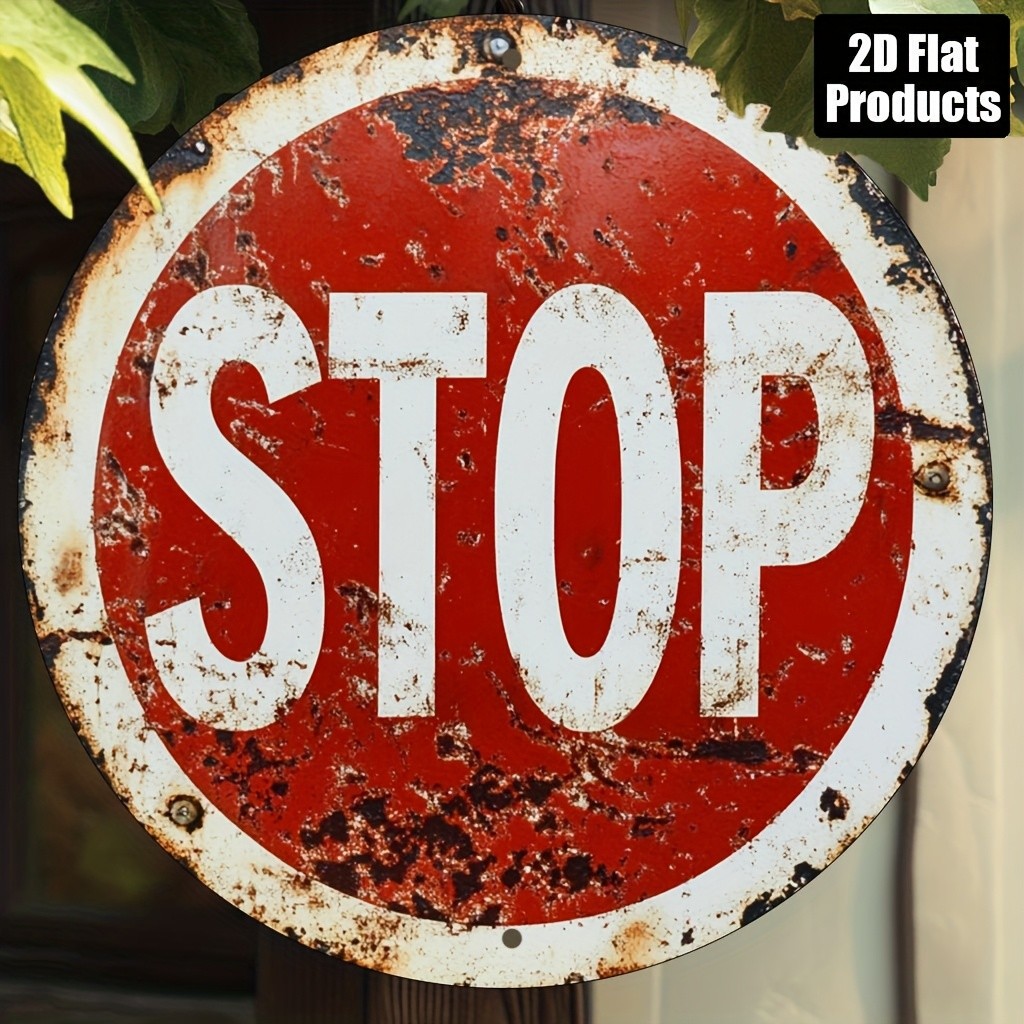 Vintage STOP Sign Mộc Mạc Đỏ Trắng 1 Nhôm Tròn STOP Sign Wall Art