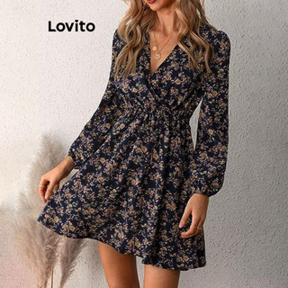 Đầm Lovito tay phồng họa tiết hoa nhí phong cách thanh lịch dành cho nữ LNL60284