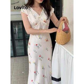Đầm Lovito cổ xếp nếp họa tiết hoa phong cách cổ điển cho nữ LNE65497