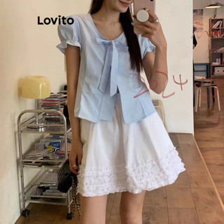 Áo kiểu Lovito màu trơn phối nơ phía trước phong cách dễ thương cho nữ LNE58429