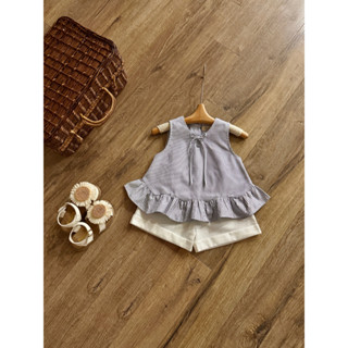 Set  Áo Thắt Nơ Kẻ Navy  Bé Gái CARROT, Quần Sooc Trắng Gấp Gấu , Chất Liệu Thô Hàn Thấm Hút Mồ Hôi Tốt