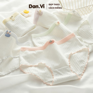 Quần Lót Cotton Nữ Phối Viền Bèo Nhún Đính Nơ Sticker Dễ Thương Dan.Vi 268