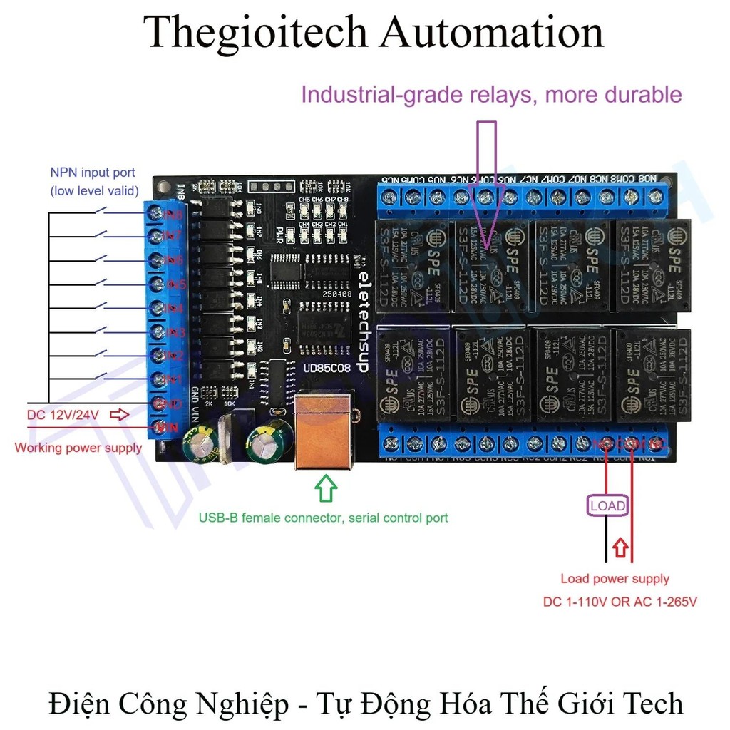 USB Relay 8 Channel Industrial Board w/ Input Indicator Light DC 12V/24V Delay Timer Control Module 