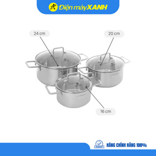 Bộ 3 cái nồi inox 3 đáy nắp kính Elmich Trimax XR EL-3843