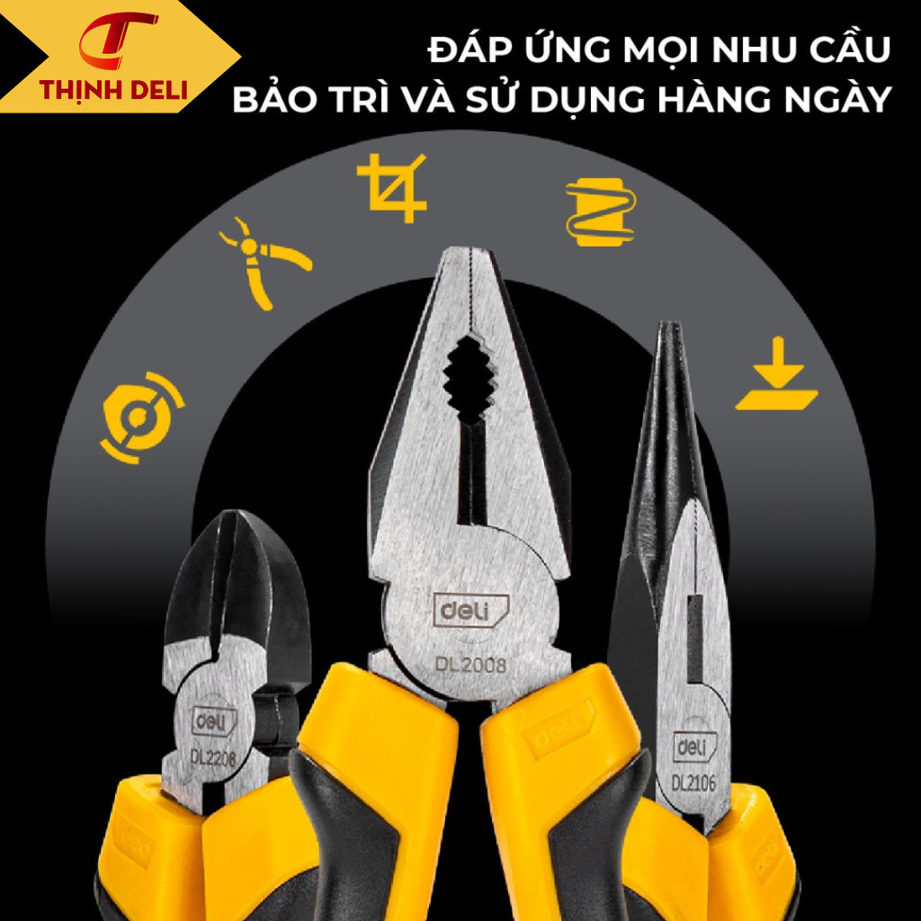 Bộ 3 Kìm Đa Năng Deli Tools Chất Liệu Thép CR-V Chống Mòn, Gỉ - Kìm Cắt Dây Điện, Kìm Mũi Nhọn