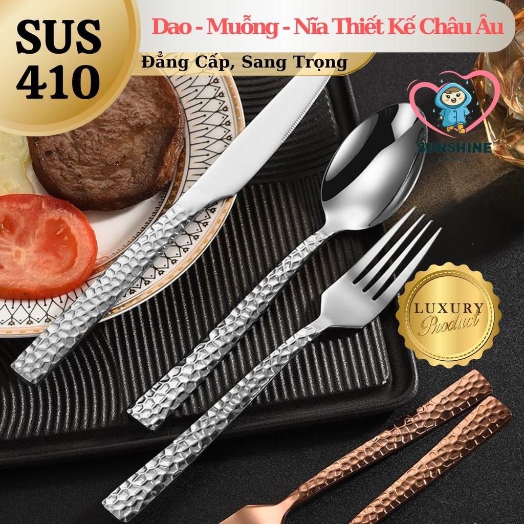 [Loại Cao Cấp] Dao - Muỗng - Nĩa Họa Tiết Búa Gõ Inox 410 Cao Cấp, Sáng Bóng Thiết Kế Châu Âu