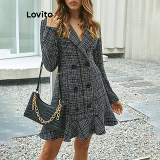 Đầm Lovito viền xếp nếp có nút màu trơn phong cách thường ngày cho nữ LNL67019