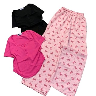   có bigsize . s72 set bộ áo cổ vuông nút tay ngắn + quần đũi caro in. full nơ Nữ Thun Women Nhung 