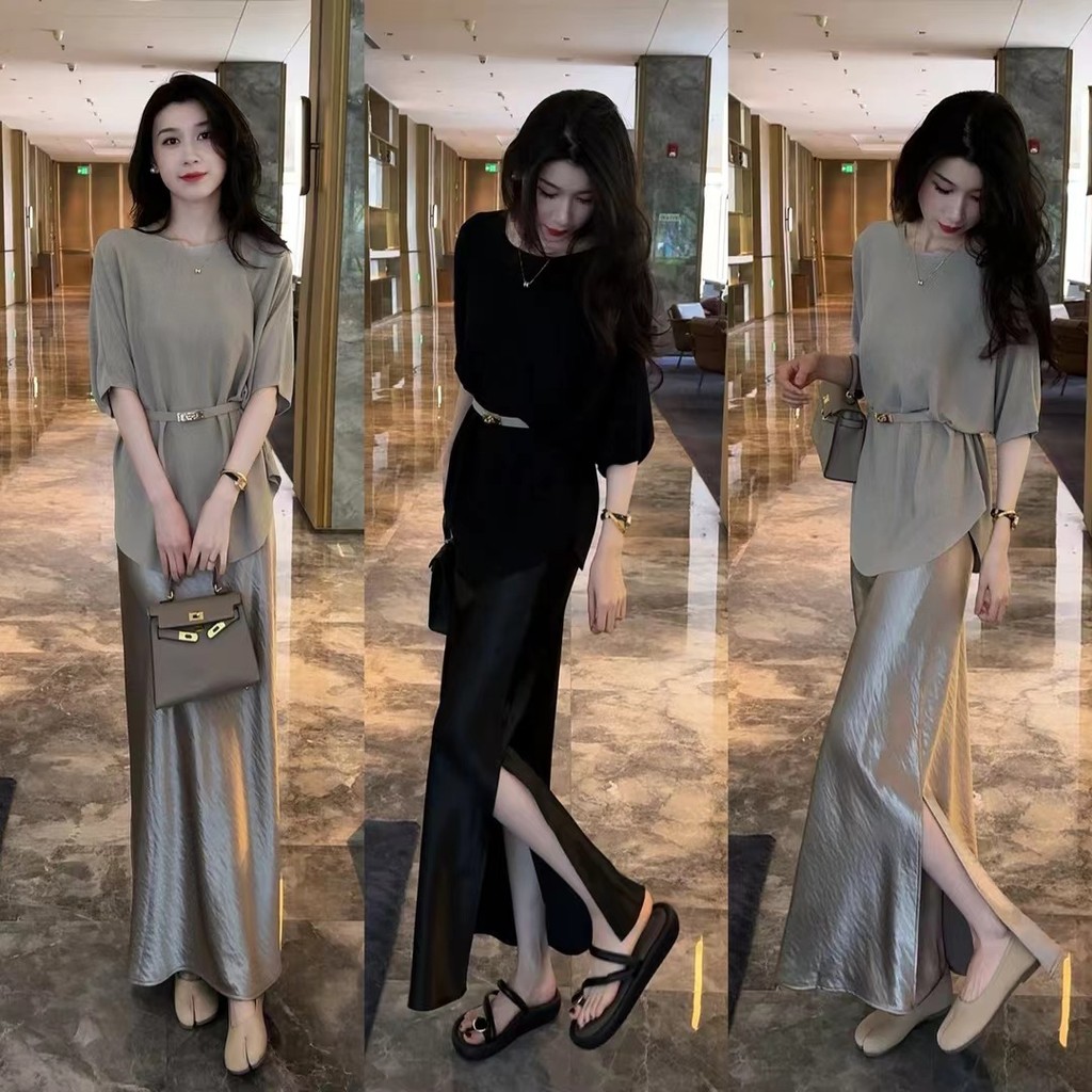 Cổ tròn Ice Silk Old Money Style Loose Top có thắt lưng