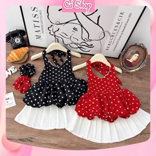 NB165, (Tặng chun tóc) Set áo chấm bi cổ yếm chân váy xếp ly trắng cho bé gái