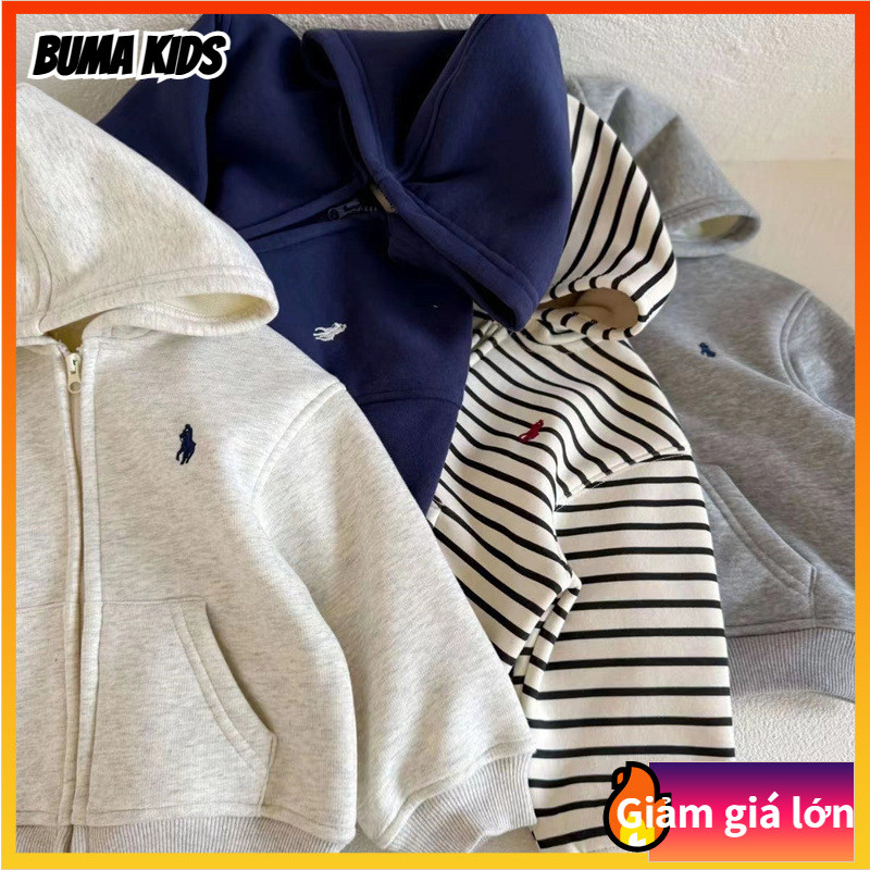 BUMA KIDS🔥Áo có mũ trùm đầu trẻ em , áo cardigan sọc thông thường dày dặn