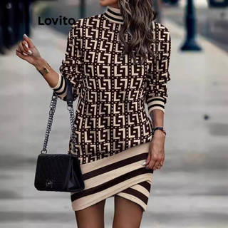 Đầm Lovito bất đối xứng họa tiết hình học phong cách thanh lịch cho nữ LNL58198