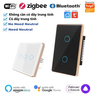  Công Tắc Thông Minh Viền Vàng Cao Cấp Tuya Wifi   Zigbee Cảm Ứng  Ko cần dây Trung tính  Điều Khiển Từ Xa 