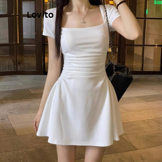 Đầm Lovito màu trơn xếp nếp phong cách thường ngày cho nữ LNM65141