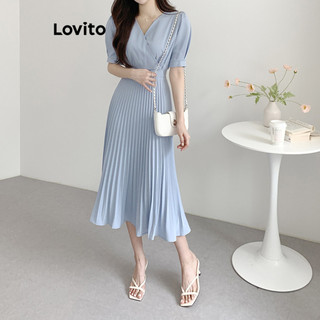 Đầm Lovito thắt lưng xếp ly màu trơn phong cách thanh lịch cho nữ LNE69536