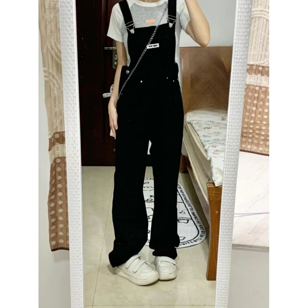 1720E Đen Quần yếm Nữ Denim Quần yếm dáng rộng Quần yếm Quần yếm thẳng Quần yếm ống rộng Quần yếm de