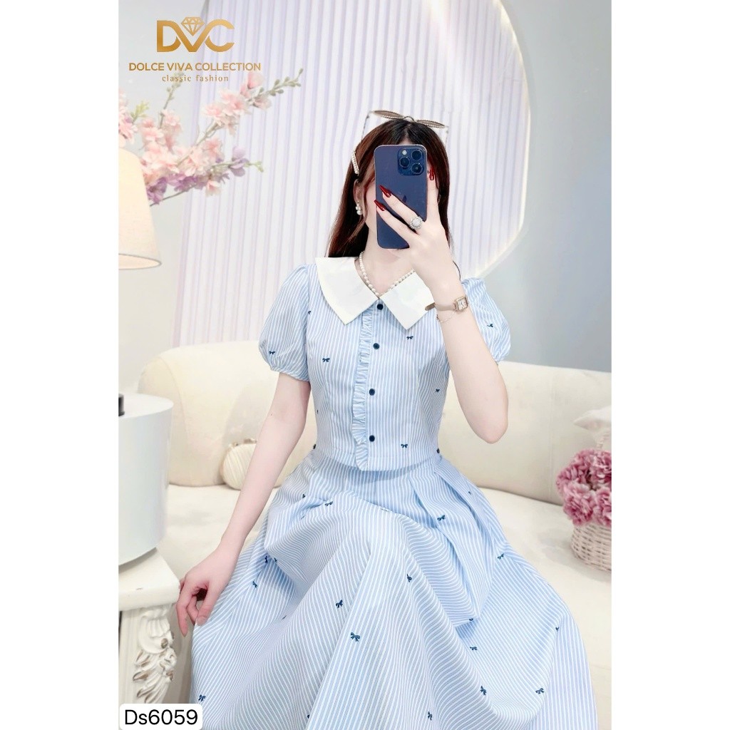 Váy sọc phối cổ sen che khuyết điểm, dáng nhẹ nhàng, váy tiểu thư công sở thanh lịch DS6059 - DVC Ch