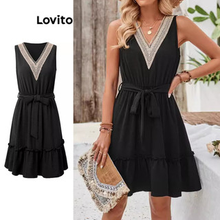 Đầm Lovito phối ren khâu vải màu trơn phong cách thường ngày cho nữ LNE59542