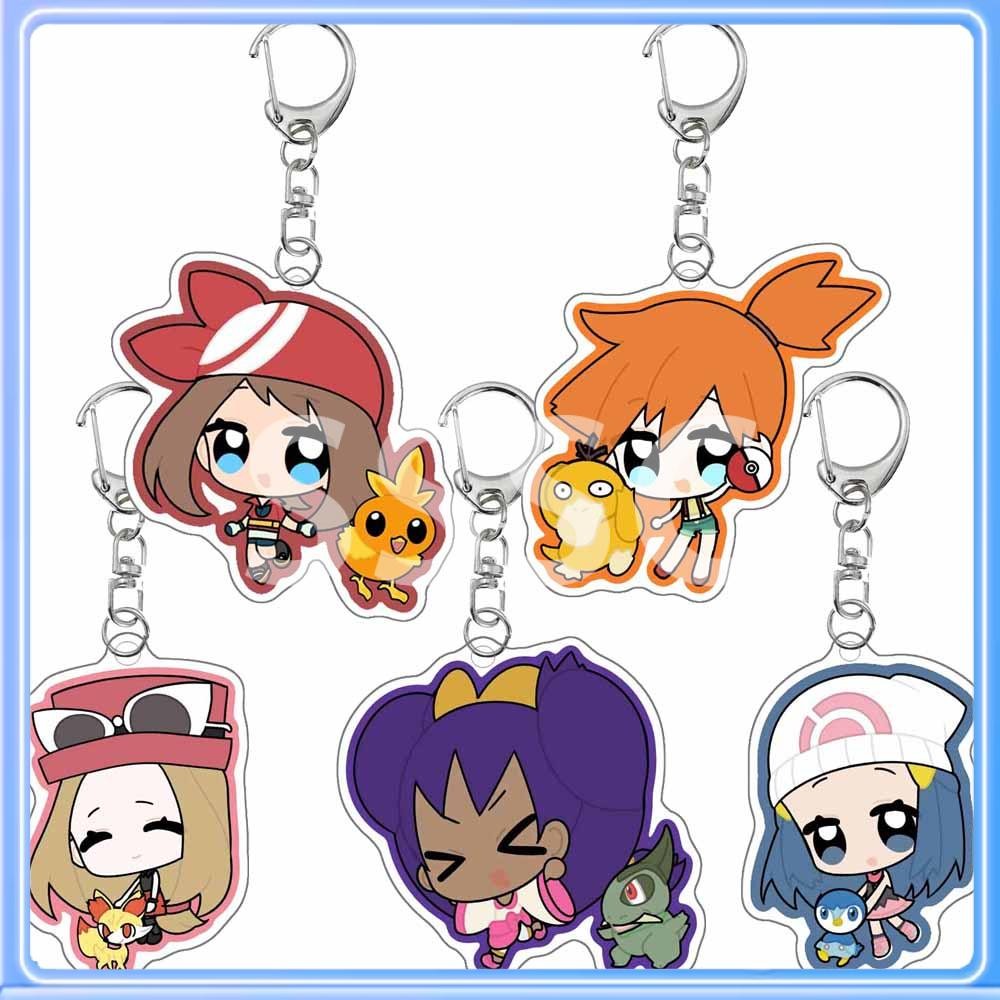 Anime Cartoon Pokemon Acrylic Key Chain Dawn Misty May Iris Serena Piplup Psyduck Torchic Fennekin A
