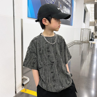 Bé Trai Mùa Hè Rách Tay Ngắn Phong Cách Mới Áo Thun Trẻ Em Nửa Tay Top Bé Gái