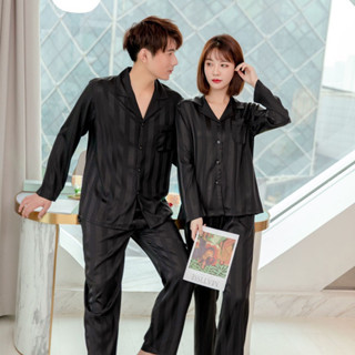 Bộ quần áo ngủ ,bộ ngủ lụa xuân thu nam nữ kẻ sọc dài tay cao cấp sz từ 40-85kg