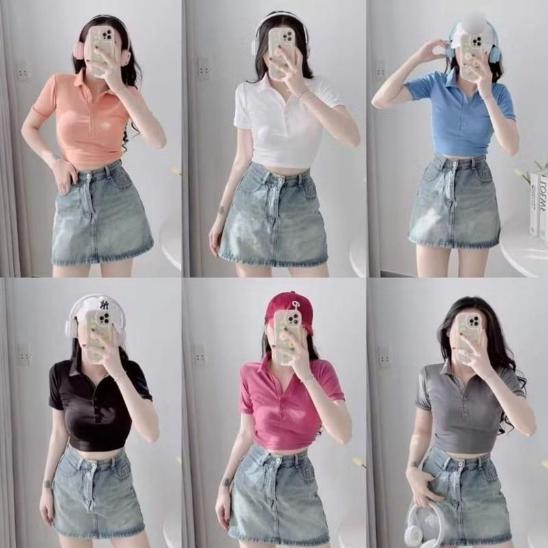 A88 Áo thun nữ tay ngắn Croptop cài khuy Cổ Bẻ , Áo Polo Nhiều Màu size dưới 53kg mã a88