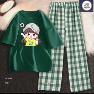 Sét áo phông Cô gái bóng vàng + quần karo, Sét bộ Unisex chất đẹp, không xù mặc ở nhà và mặc đi chơi -ShopTrang