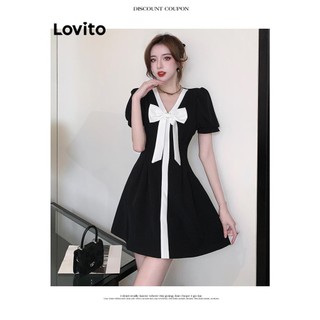 Đầm Lovito phối nơ màu trơn phong cách thanh lịch cho nữ LNE61376