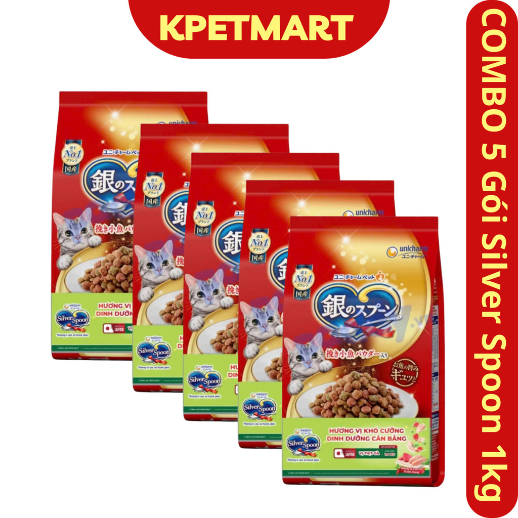 COMBO 5 Gói Hạt Cho Mèo Silver Spoon túi 1kg - Thức Ăn Hạt Cho Mèo Cao Cấp Nhật Bản - KPETMART - Hạt