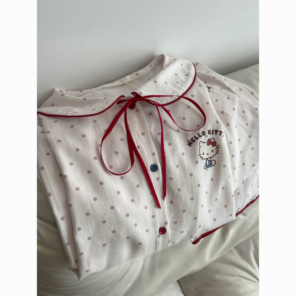 Nhật Bản dễ thương đơn giản chấm Hello Kitty ren đồ ngủ của phụ nữ mùa xuân và mùa thu dài tay áo quần lỏng mặc nhà hai mảnh