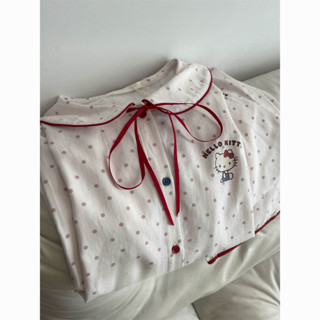 Nhật Bản dễ thương đơn giản chấm Hello Kitty ren đồ ngủ của phụ nữ mùa xuân và mùa thu dài tay áo quần lỏng mặc nhà hai mảnh