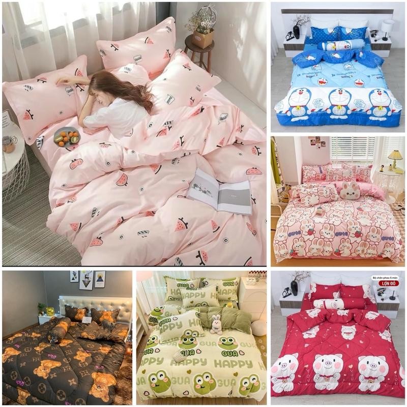 Set 5 món chăn phao cotton poly trần bông dày, ga gối cotton poly đủ kích thước lựa chọn